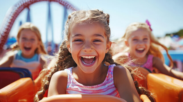 Joyful children riding a rollercoaster in a sunny amusement park