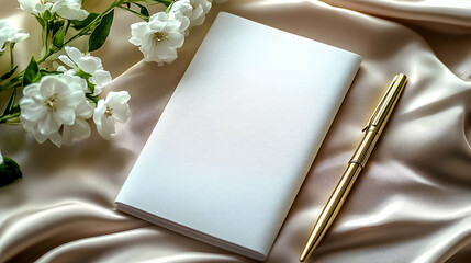 Elegant White Notebook and Gold Pen Rest on Beige Silk with Delicate White Flowers, Creating a Serene and Luxurious Still Life Composition.