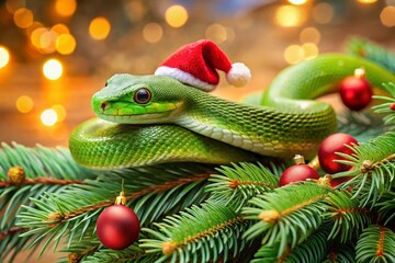 Fototapeta premium Adorable Green Snake in a Santa Claus Hat on a Spruce Branch for Festive Product Photography