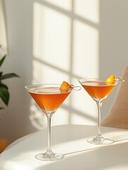 Two cocktails in martini glasses stand on white table in bright room. Drinks amber colored with orange slice garnish. Natural light casts shadows on table. Stylish interior. Drinks look refreshing,