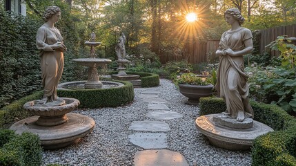 Sunlit garden path with classical statues, fountains, and manicured hedges.