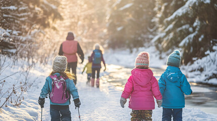 A family winter hike through snowy trails, with children in colorful jackets, bundled up parents, and a frozen stream alongside the path.