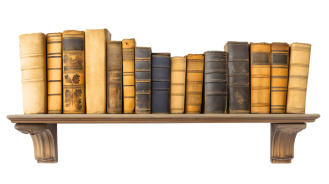 Wooden bookshelf with books and decor items - isolated on white background