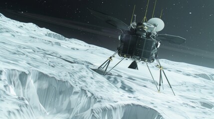 Obraz premium Futuristic Spacecraft Hovering Over Icy Surface of Uranus with Distant Stars and Faint Rings