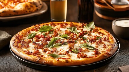 Close-up of a freshly baked pizza topped with cheese, crispy bacon, and fresh basil leaves, served on a dark plate with a glass of beer in the background.