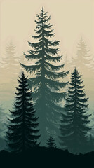 Fototapeta premium Wallpaper silhouette forest illustration tree pine background nature scene landscape outdoor design environment natural banner wild fir wood graphic fog horizon park travel mountain view