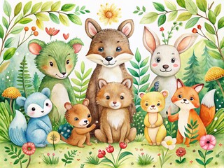 Naklejka premium Adorable Watercolor Illustrations of Cute Woodland Animals Perfect for Children’s Decor and Educational Materials Featuring Foxes, Bears, Rabbits, and More