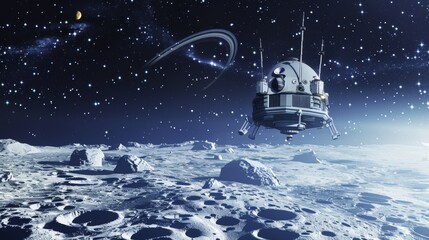 Futuristic Spacecraft Hovering Above Icy Surface of Uranus with Distant Stars and Faint Rings