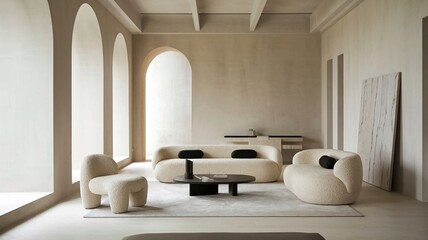 Fototapeta premium Mediteranes Wohnzimmer mit Kalkwänden und Couchlandschaft