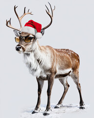 Cool reindeer wearing a Santa hat and sunglasses, isolated on a white background, exuding a fun and playful vibe, perfect for holiday, festive, and humorous themes.