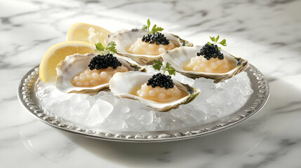 Fresh Oysters with Mignonette and Caviar, Luxury Seafood Photography