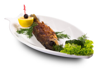 fried fish on the white plate. healthy diet rustic recipe