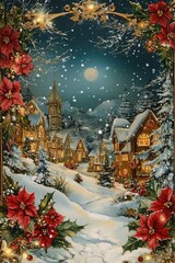 Cozy Victorian style winter scene with snowy cottage surrounded by snowy forest. Vintage style holiday card design