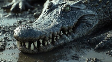 Obraz premium Close-up of a crocodile's textured skin and sharp teeth as it rests on a muddy farm surface.