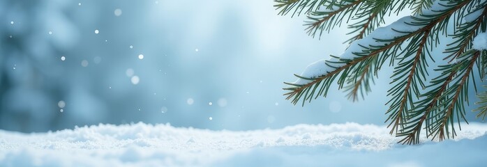 Obraz premium Frosty pine branches with serene snowy landscape against blurred winter background with copy space. wonder christmas wallpaper with christmas tree and decoration