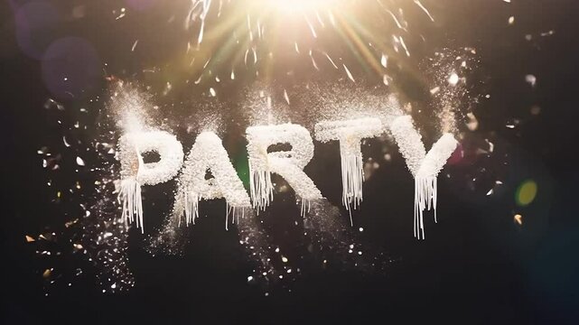 An animated lettering of the word Party with colorful glitter and many colors.