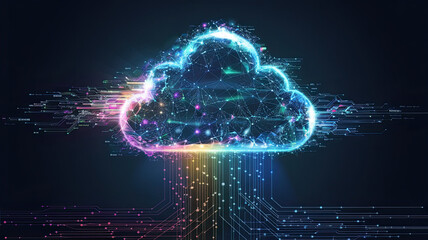 Obraz premium Vibrant and intricate digital cloud formation, connected by colorful lines and dots, representing a complex network or system. Below the cloud, multicolored streaks of light emanate, resembling data 