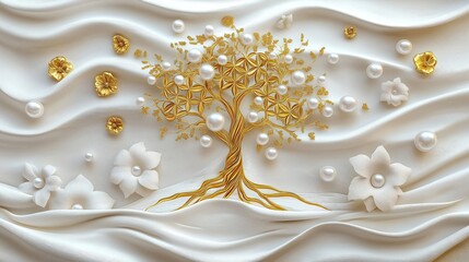 Gold tree life mural wallpaper with white pearl flowers. Decorative luxury 3d design. Elegant design for wall decoration. Sophisticated style with exquisite details. Luxurious 3d wallpaper. White
