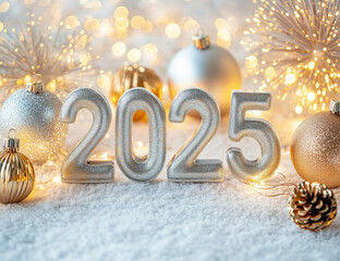 New Year's Eve with silver and gold numbers "2025" on a white background