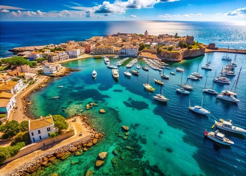 Aerial Panoramic View of Tabarca Island, Spain: Sunny Clear Waters, Yachts in the Bay, and Bustling Beach Life at Costa Brava's Favorite Destination