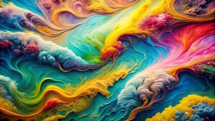 Fototapeta premium Aerial Photography of Abstract Color Swirls Capturing the Dynamic Flow of Vibrant Hues and Patterns Over a Vivid Landscape for Art and Design Inspiration