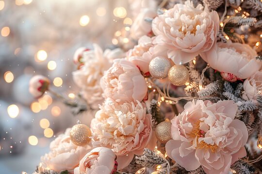 Delicate pink peonies are beautifully arranged with sparkling lights and ornaments, creating a festive atmosphere in a cozy winter setting, enhancing the elegance of the season