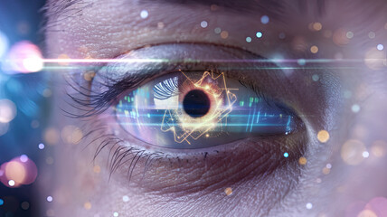 Close-up of a human eye with a vibrant, mesmerizing display of colors and light patterns, reflecting a digital or futuristic theme. Intricate iris patterns, prominent eyelashes, and a dreamy