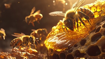 Fototapeta premium Golden honey oozing from a honeycomb cell, surrounded by bees busily working.