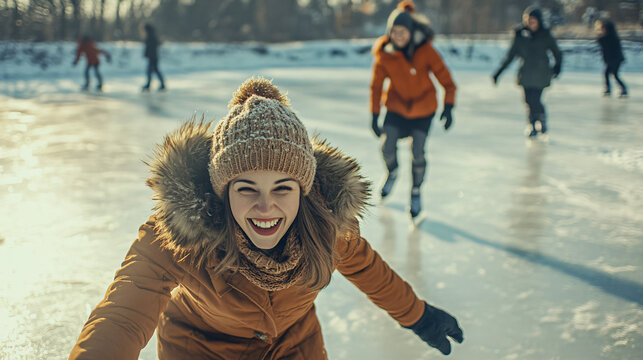 A group of friends bundled in winter clothing, enjoying an outdoor ice-skating session on a frozen lake, laughter and joy filling the crisp winter air.
