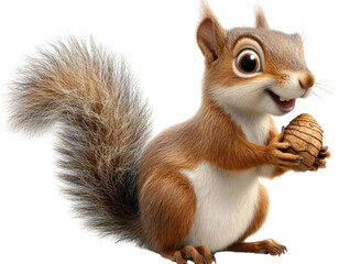 Joyful cartoon squirrel holding an acorn with a friendly expression in a playful forest setting