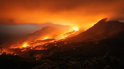 Lava cascading down the mountain, illuminating the surrounding area with intense heat.