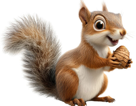 Joyful cartoon squirrel holding an acorn with a friendly expression in a playful forest setting