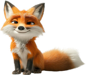 Charming cartoon fox character with bright orange fur showcasing a warm smile in a whimsical forest setting amidst greenery and adventure