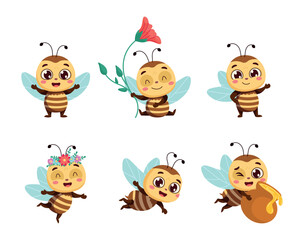 Set of cute cartoon bee characters. Honeybee mascot with different emotions, holding a pot of organic honey, greets, points with palm, rejoices, flies, dances with a flower wreath on her head. Modern