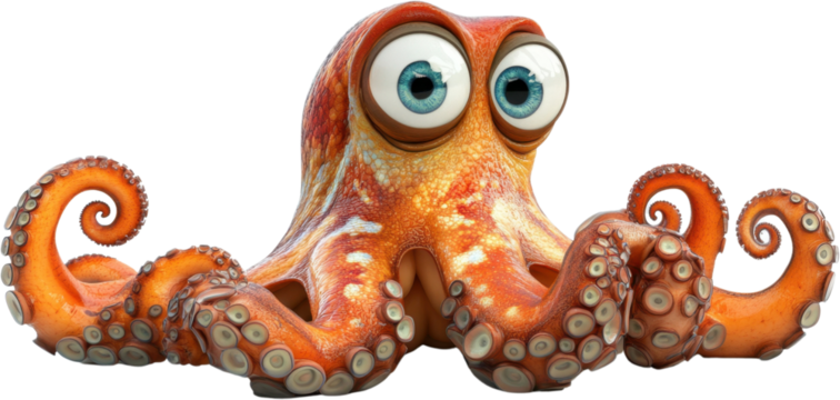 Vibrant octopus with big eyes exploring the underwater world filled with colorful coral and curious marine life