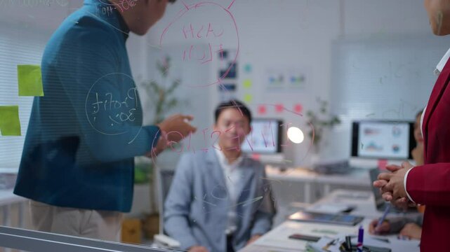 Manager is explaining a strategy to his team using a flowchart drawn on a transparent glass wall