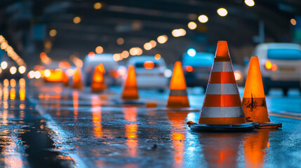 A highway lane closure with cones and traffic merging into a single lane.