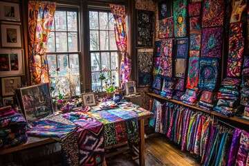Fototapeta premium Vibrant Colorful Fabrics And Artwork Fill Artistic Studio Space