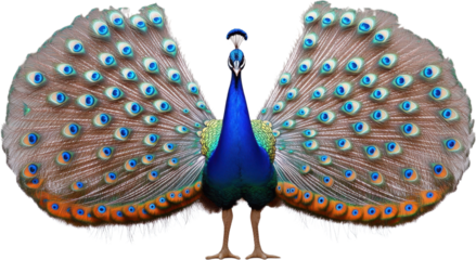 Majestic peacock displaying vibrant feathers in a stunning array of colors against a clear background
