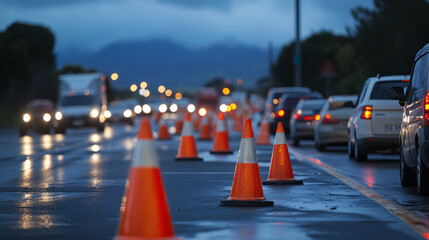 A highway lane closure with cones and traffic merging into a single lane.