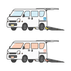 車椅子用リフト付きの軽自動車介護タクシー・軽バンのイラスト(フルカラー＆モノカラーset)