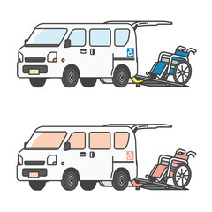 車椅子を搭載するリフト付きの軽自動車介護タクシー・軽バンのイラスト(フルカラー＆モノカラーset)