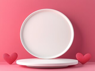 Blank plate with decorative hearts on a pink background