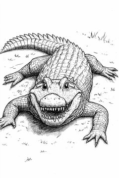 recommend clip art: Black-and-white line drawing of a cute, smiling crocodile with friendly eyes, detailed scales, and bold outlines for a children's coloring book.