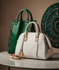 Elegant Leather Handbags in Green and White