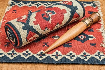 Rolled Rug and Wooden Weaving Tool on Wood