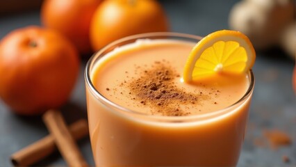 Carrot and orange smoothie with ginger - A vibrant orange smoothie garnished with a slice of orange and dusted with cinnamon, surrounded by fresh oranges and cinnamon sticks