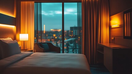 A modern city hotel room with chic decor, soft ambient lighting, large window views of the city skyline, sophisticated and cozy, inviting and trendy vacation mood