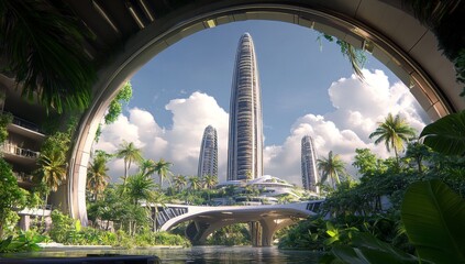 Design of futuristic city with arch with greenery and 
skyscrapers 