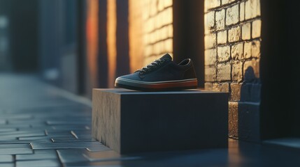 Stylish sneakers displayed on pedestal in urban environment street view photography concept